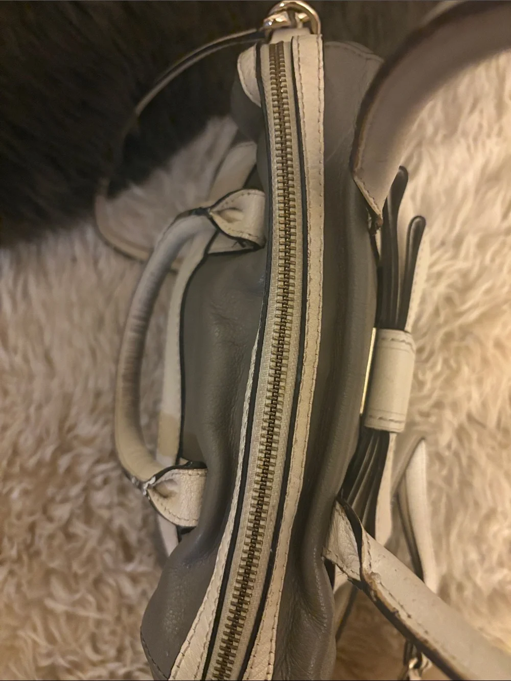 Kate Spade Alice Court Kaiya satchel in Cliff Gray and Off White
